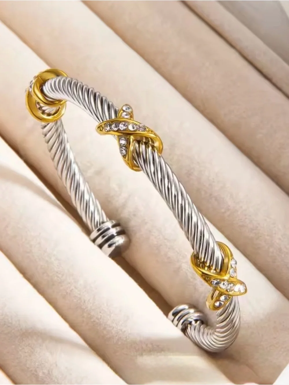 Two-Tone Twisted Cable Cuff Bracelet - Silver & Gold
